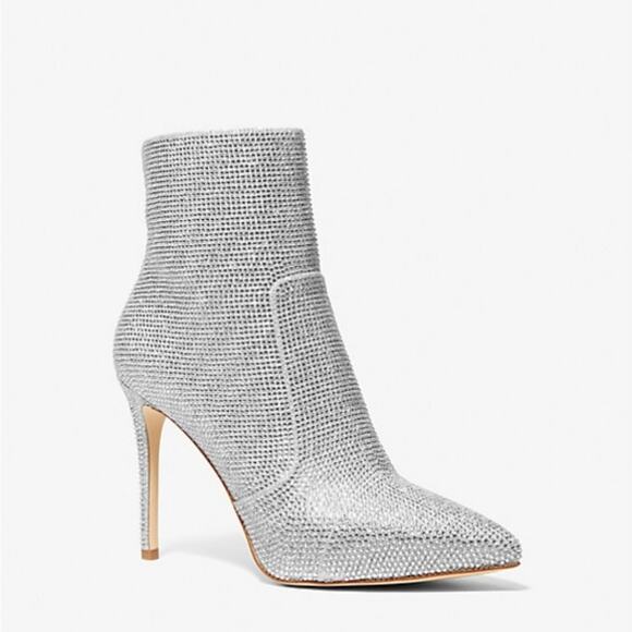 Michael Kors Rue Stiletto Bootie Crystal Embellished Silver Bootie Boot 10M - Picture 1 of 9